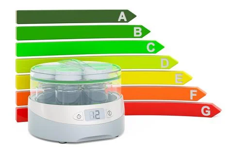 Automatic yogurt maker with energy efficiency chart, 3D rendering Stock Illustration