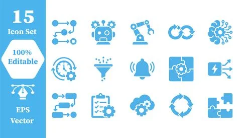 Automation and artificial intelligence workflow digital icon set with autom.. Stock Illustration