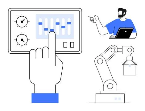 Automation and Control Panel with Robotic Arm and Technician in Blue Shirt 스톡 일러스트