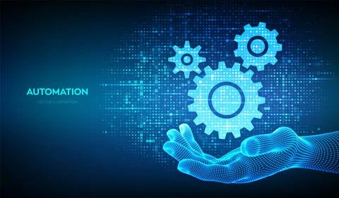 Automation and IOT software concept. Gears icons made with binary code in wir イラスト素材