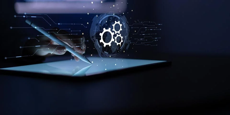Automation and Process Optimization with Gear Icons and Digital Touch Interfa Stock Photos