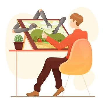 Automation of artwork creation, AI generated art, artist sitting at table to Stock Illustration