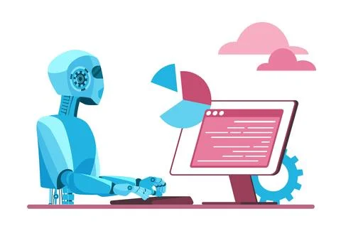 Automation of business project and task, chat bot service, robot sitting at Stock Illustration