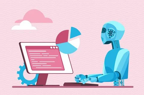 Automation of business project and task, chat bot service, robot sitting at 스톡 일러스트