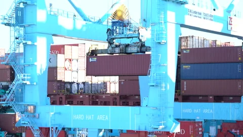 Automation with cargo container being lifted by a crane Video stock 171590787
