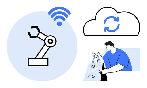 Automation, e-commerce, cloud computing, data synchronization, robotics, wire イラスト素材