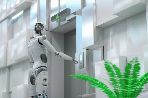 Automation elevator technology concept with cyborg hand push elevator button Stock Illustration