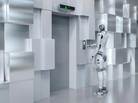 Automation elevator technology concept with cyborg hand push elevator button Stock Illustration
