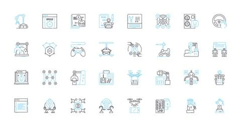 Automation Engineering linear icons set. Robotics, Mechatronics, Programming Stock Illustration