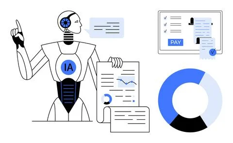 Automation, finance management, data analysis, digital payment, AI integratio Illustrazione stock