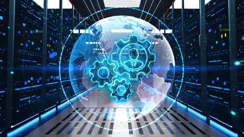 Automation Icon Moving Through Rack Servers in Data Center. Stockbeeldmateriaal 219075335