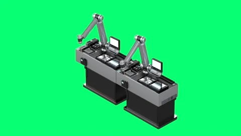 Automation industry concept with robotic arms with control panels isolated  Stock Footage 330389743