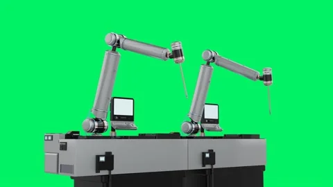 Automation industry concept with robotic arms with control panels isolated  Stock Footage 330389745