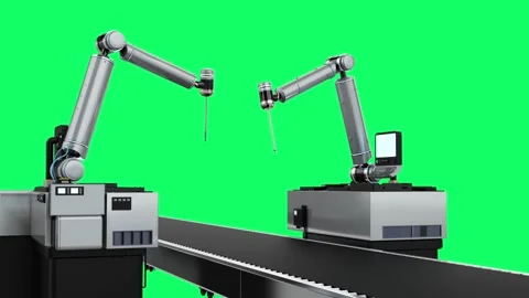 Automation industry concept with robotic arms with control panels isolated Stock Footage 330389768