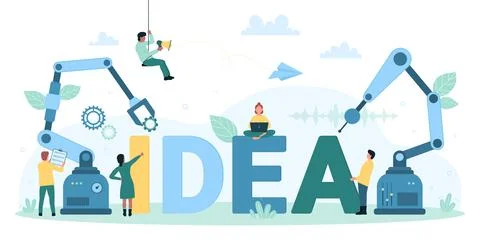 Automation of industry, creative startup, tiny people and robots arms build idea Stock Illustration