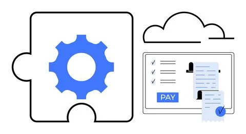 Automation, online payments, cloud storage, technology integration, business  Illustrazione stock