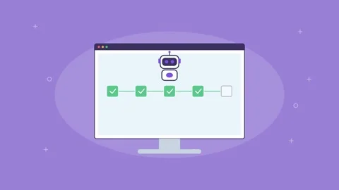 Automation pipeline with sequential steps completing on a screen, violet Video stock 342596407