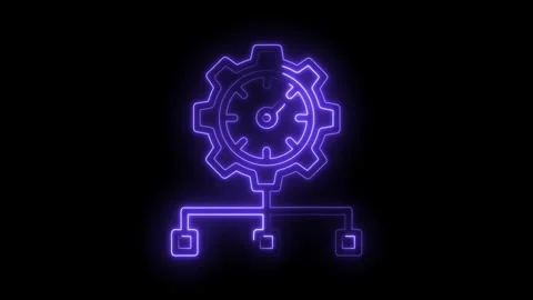 Automation process neon icon gear and clock on black background with workflow Stock Footage 322962654