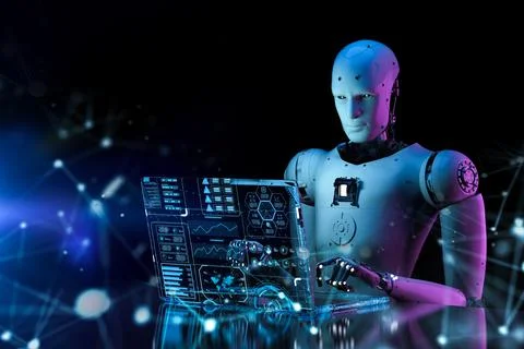 Automation programmer with 3d rendering robotic worker work with computer not Stock Illustration