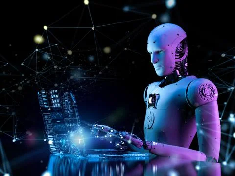 Automation programmer with 3d rendering robotic worker work with computer not Stock Illustration