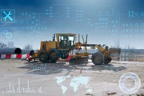 Automation of the road construction process, management of an artificial inte Stock Photos