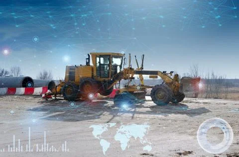 Automation of the road construction process, management of an artificial inte Stock Photos