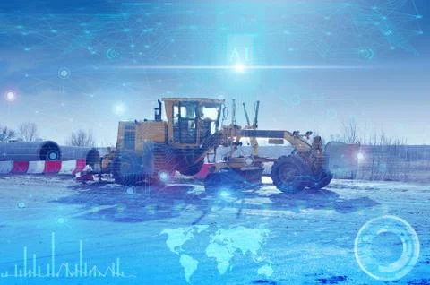 Automation of the road construction process, management of an artificial inte Stock Photos
