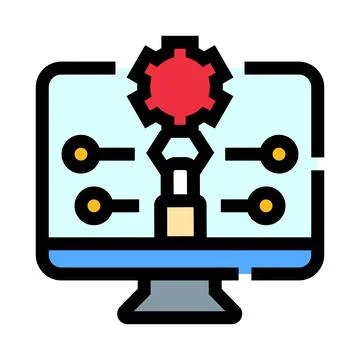 Automation robot arm installing gear on computer monitor Иллюстрация