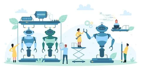 Automation of robot assembly process, tiny engineers work with machinery and Stock Illustration