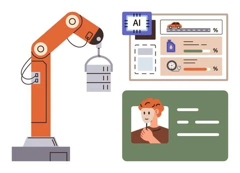 Automation Robotics with AI Integration Analyzing Data and Personal Stock Illustration