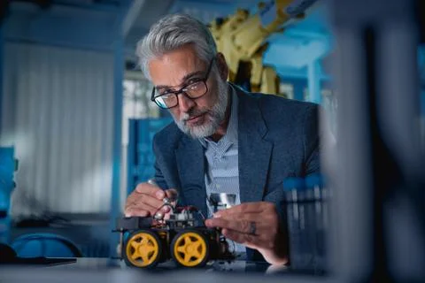 Automation, robotics engineer assembling robotic car prototype for delivery Stock Photos
