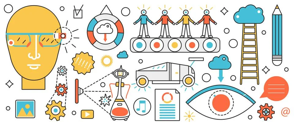 Automation smart technology and work process, conveyor with recruits, VR glasses Stock Illustration