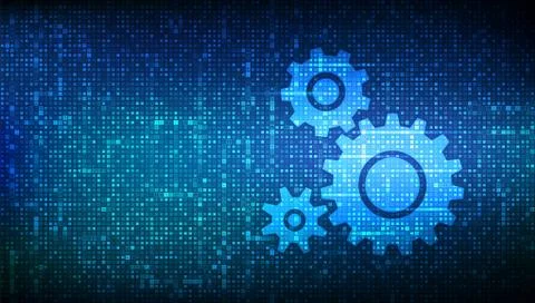 Automation Software background. Gears icons made with binary code. IOT and Au Stock Illustration