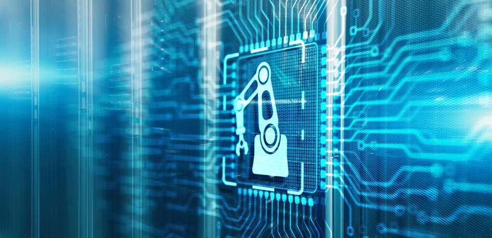 Automation Software Innovation technology on 3d electronic circuit board chip 스톡 사진