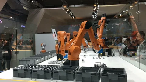 Automation solutions of the future with Kuka robot arms  Stock Footage 89510133