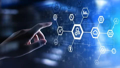 Automation system structure on virtual screen. Smart manufacturing technology 스톡 사진