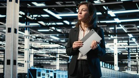 Automation, tablet and engineer walking in data center 写真素材