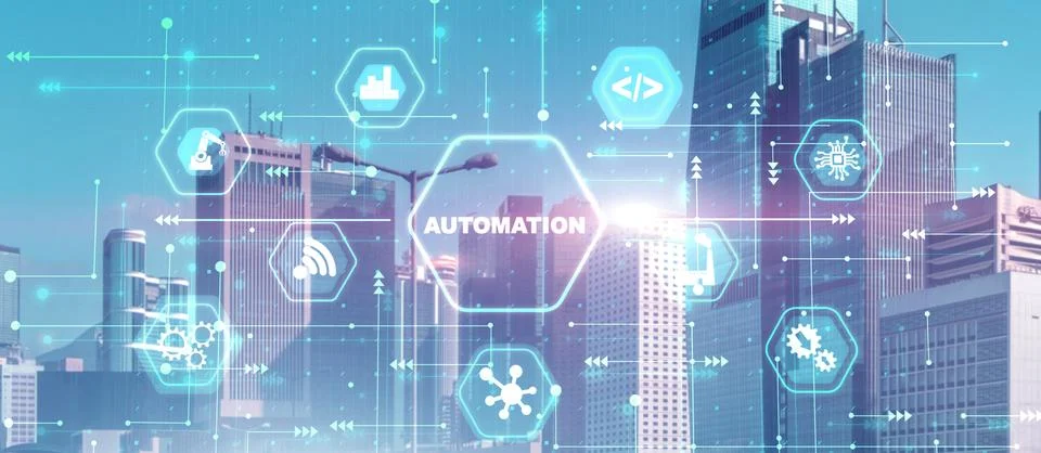 Automation technology industrial process workflow optimisation on modern city Stock Photos