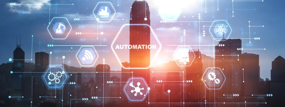 Automation technology industrial process workflow optimisation on modern city 스톡 사진