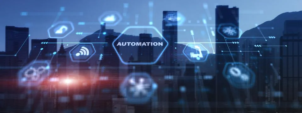 Automation technology industrial process workflow optimisation on modern city Stockfoto's