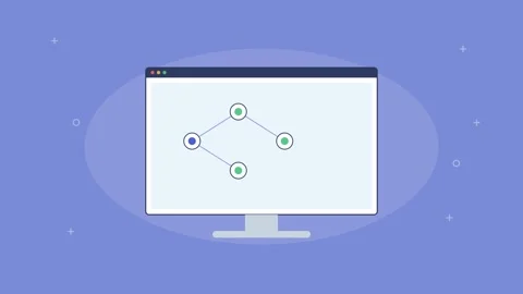 Automation workflow with connected nodes building up on a screen, indigo Stock Footage 342596587