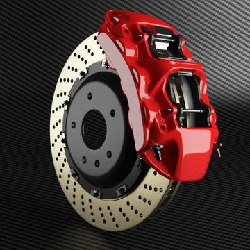 Automobile brake disk and red caliper on carbon background Stock Illustration