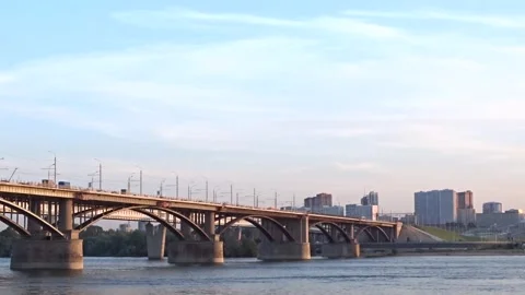 Automobile bridge over the Ob River Stock Footage 281413065