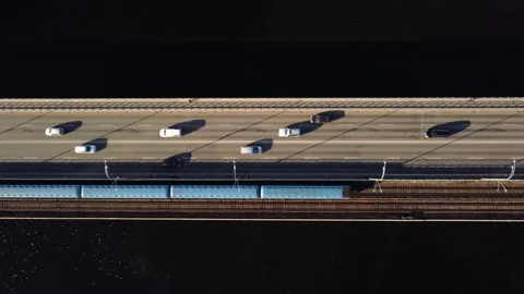 Automobile bridge with subway over the river Dnepr. aerial view. sunny. Видео 170429314