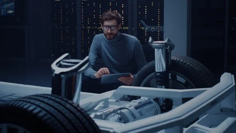 Automobile Design Engineer Sitting Beside Hybrid Electric Car Chassis Platform Video stock 105379924