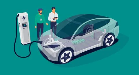 Automobile Engineers Working on Charging Electric Car Battery Cell Pack Platf Stock Illustration