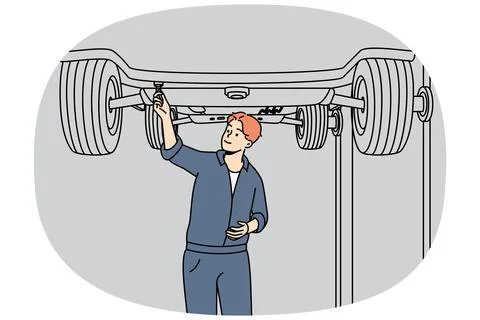 Automobile mechanic working under lifted car. Ilustración de archivo
