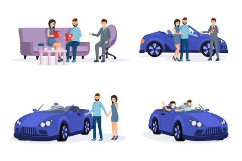 Automobile purchase process steps illustrations set. Smiling young couple Stock Illustration