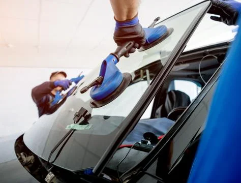 Automobile special workers replacing windscreen of a car in auto service Stock Photos