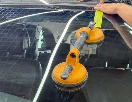 Automobile special workers replacing windscreen or windshield of a car. Stock Photos